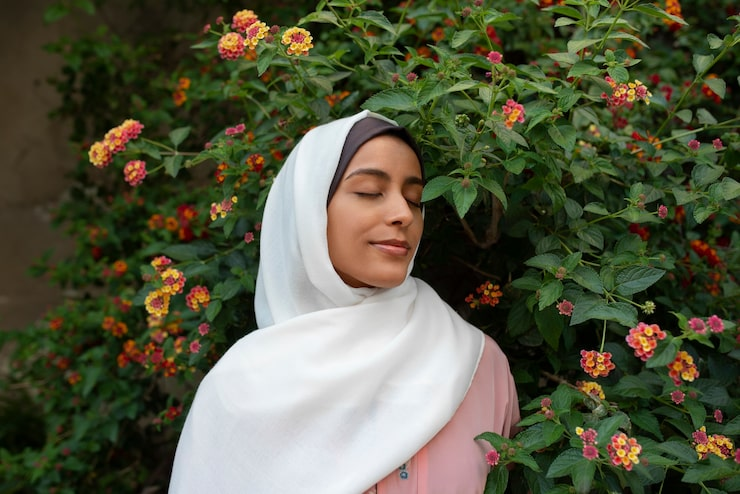 A woman wearing a white hijab and a pink top