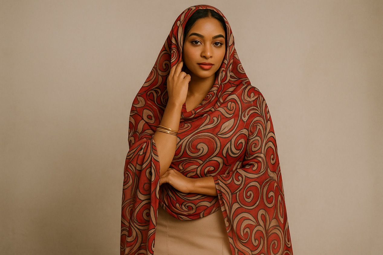 Balancing Tradition and Modern Design: Adapting Sudanese Toub to Global Fashion Trends(pic2) a woman wearing a red and brown patterned scarf