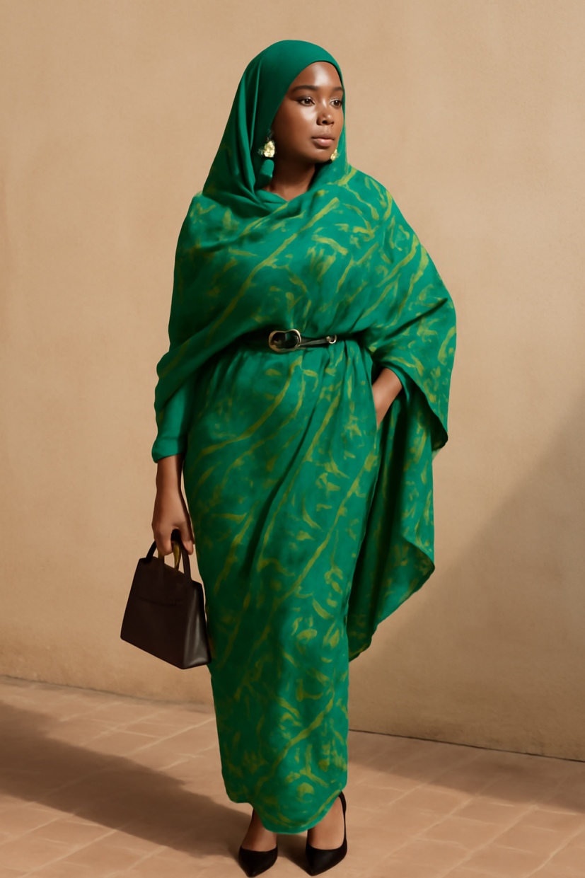 A stylish woman in a green patterned Sudan toub and matching dress