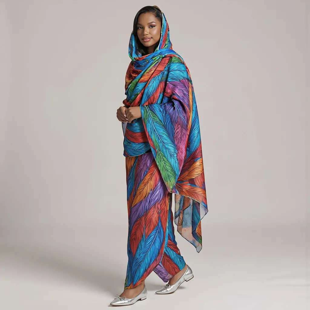 jinlai textile printed sudanese toub with colorful feather pattern.webp