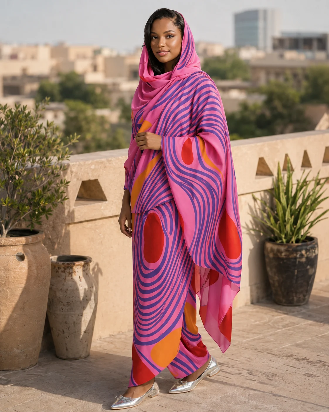 Sudanese Toub vs Sudanese Thobe for Importers: RFQ Product Naming Guide(pic2) Modern printed Sudanese Toub fabric in pink and purple striped design for wholesale traditional wrap clothing.webp
