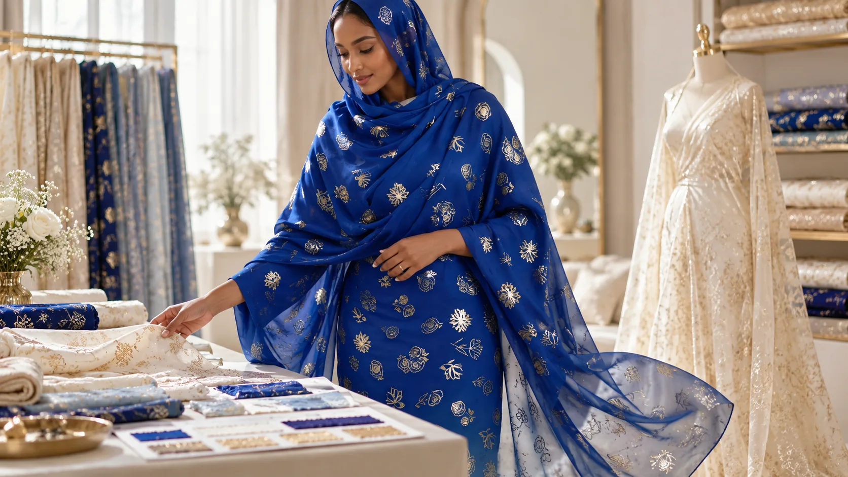 How Wholesale Buyers Choose Gold-Stamped or Printed Sudanese Toub for Wedding Collections(pic1) Blue gold-stamped Sudanese Toub with coordinating wedding fabrics and sample swatches.webp