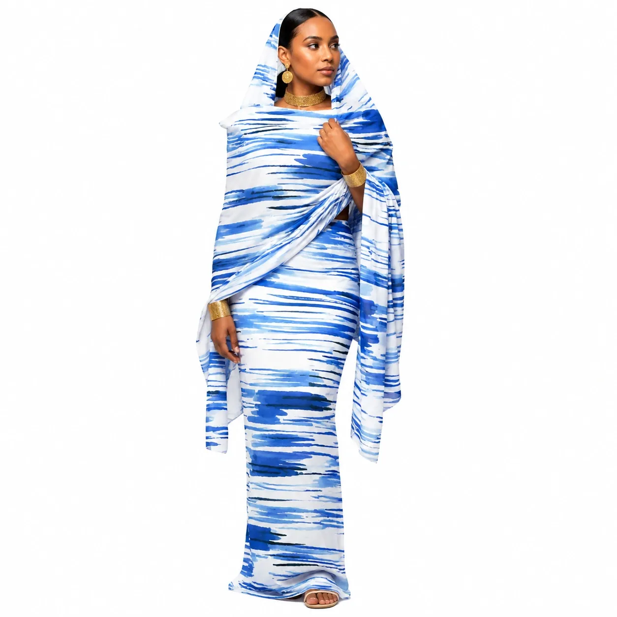 How Dubai Buyers Source Sudanese Toub for Gulf Wholesale and Retail(图1) Blue and white striped Sudanese Toub design for wholesale buyers selecting retail collections.webp