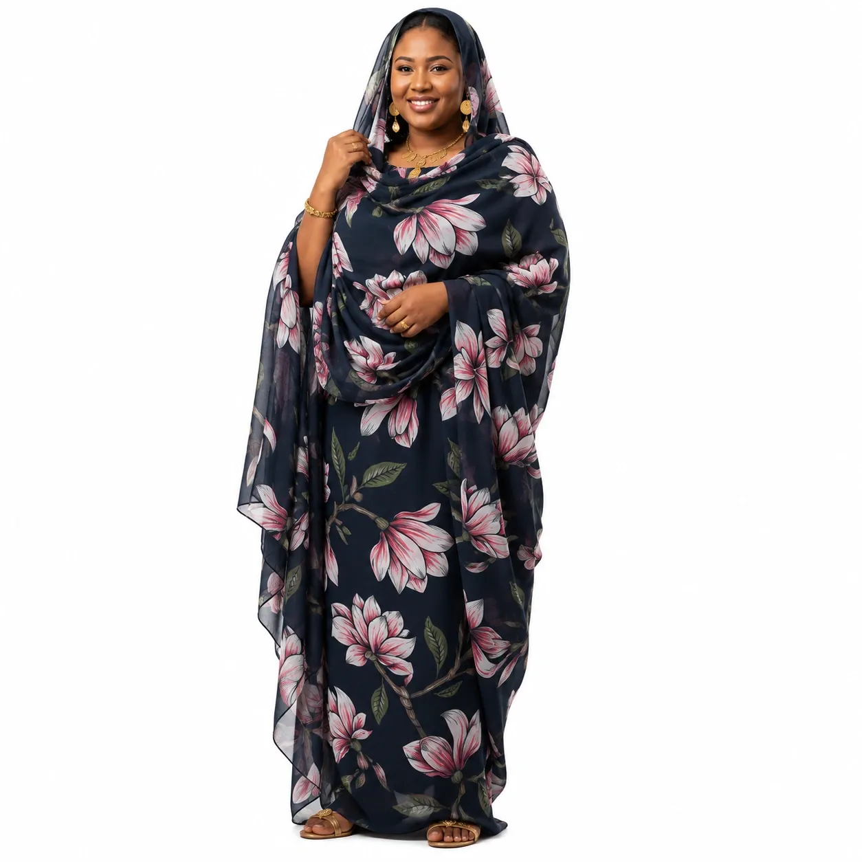 Sudanese Toub Wholesale for Online Boutiques: Buyer’s Guide(图2) Navy floral Sudanese Toub with full-length product display.webp