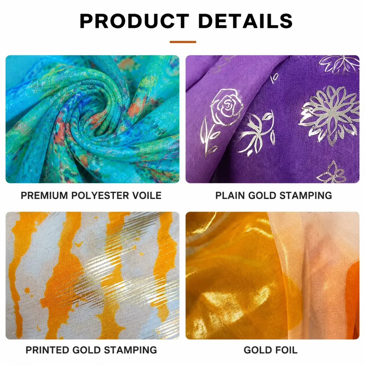 How Wholesale Buyers Compare Sudanese Toub Fabric Specifications(图2) Sudanese Toub fabric details showing polyester voile, gold stamping, printed finishes and gold foil.webp