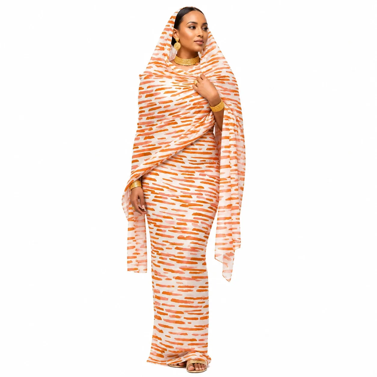Sudanese Toub Wholesale Reorders: How Buyers Match Colors Across Batches(图1) Orange-and-white striped Sudanese Toub showing the print layout and main color areas.webp