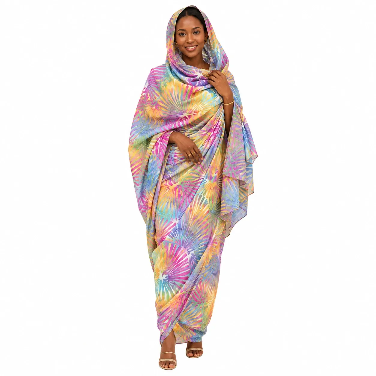 Sudanese Toub Wholesale Reorders: How Buyers Match Colors Across Batches(图2) Multicolor printed Sudanese Toub showing several contrasting colors in one design.webp