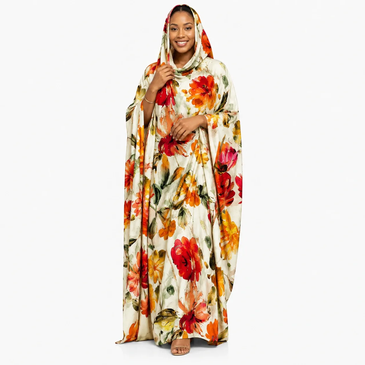 Sudanese Toub Import Documents for Wholesale Shipments to Sudan(图1) Model wearing a cream Sudanese Toub with orange and red floral prints.webp