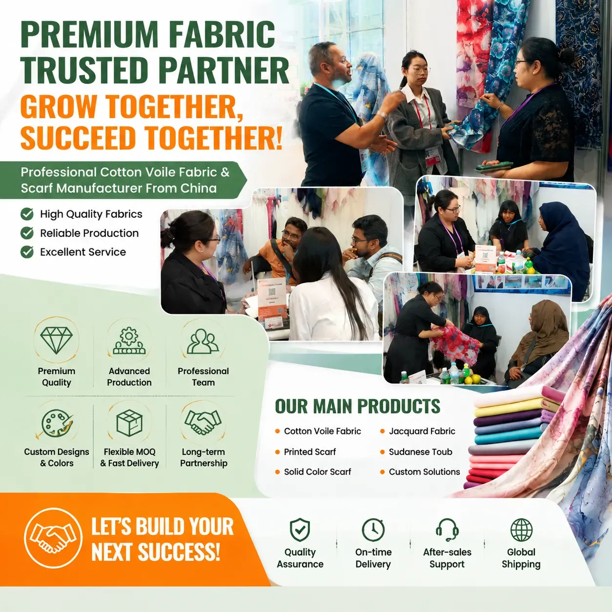 How Buyers Agree Payment Terms for Sudanese Toub Wholesale Orders(图2) Fabric supplier promotional image showing fabric discussions, textile displays and product offerings.webp