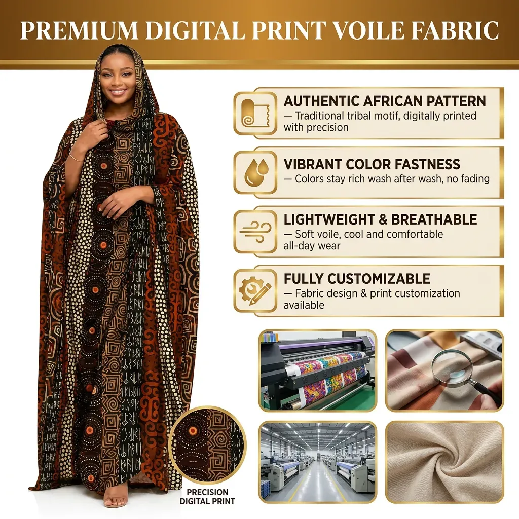 How Importers Reconcile a Sudanese Toub Bulk Shipment on Arrival(图1) Digitally printed voile fabric and patterned garment shown with textile printing and production visuals.webp